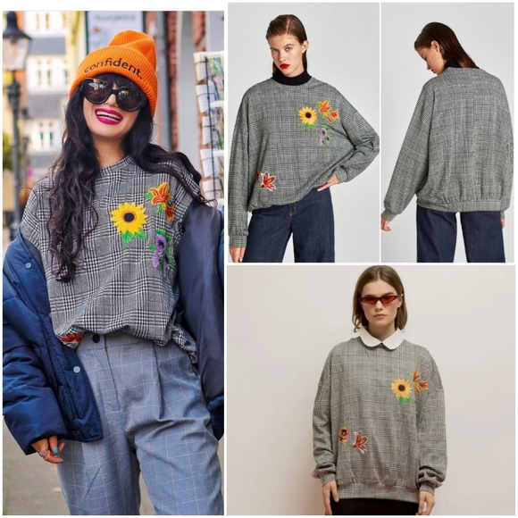 Zara checked sweatshirt with embroidery oversized - Picture 1 of 8